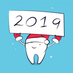 Cute funny cartoon tooth in santa hat and mittens. Vector concept of New Year and Christmas greeting for the dental clinic. Winter holidays in dentistry.